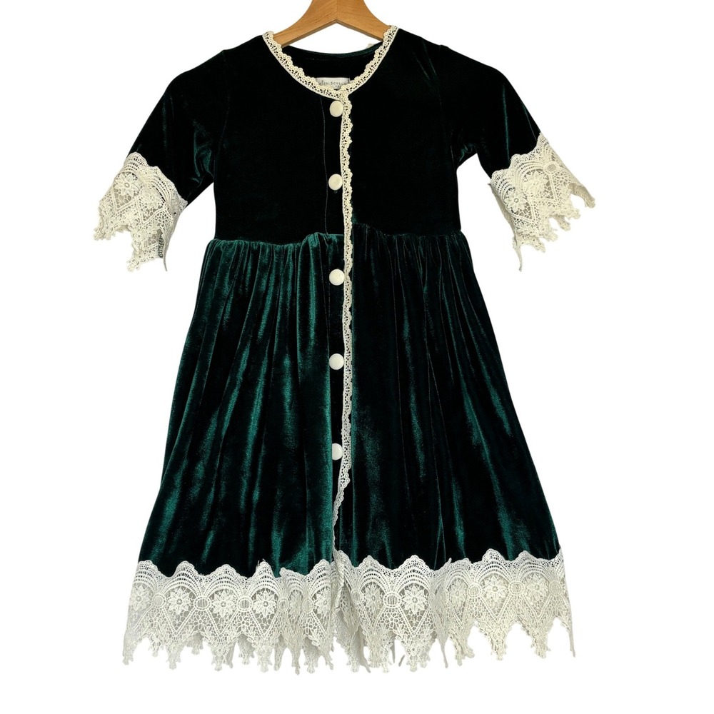 Trish Scully Child Green Velvet Lace Trim Holiday Dress Kids Size 7 RN136919